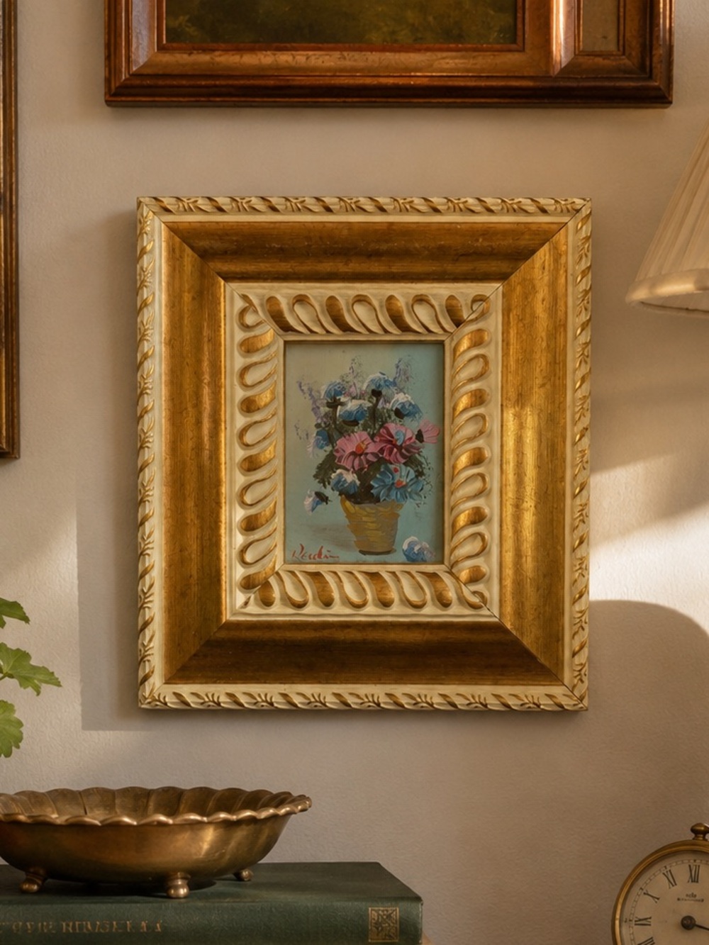 Vintage Signed Miniature Floral Oil Painting in Ornate Gilt Frame